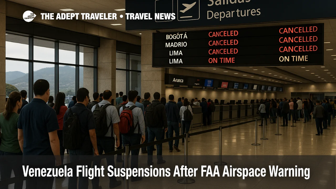 Travelers wait at Simón Bolívar International Airport check in as Venezuela flights suspended FAA warning disrupts departures and limit options