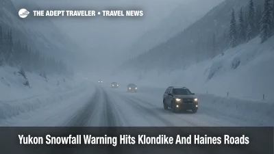 Vehicles crawl along a snow covered South Klondike Highway during a Yukon snowfall warning that makes Klondike and Haines border roads hazardous for drivers
