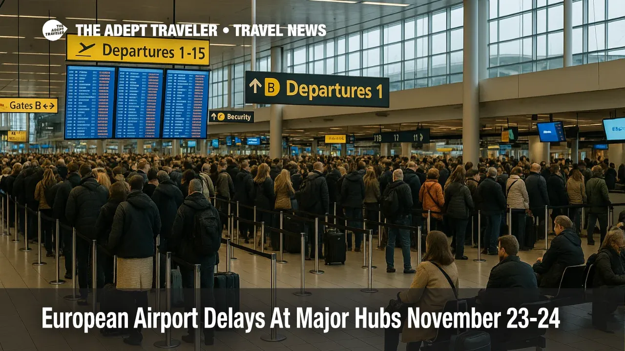 European airport delays November 24 in a crowded departures hall, with travelers queuing at check in under delay boards