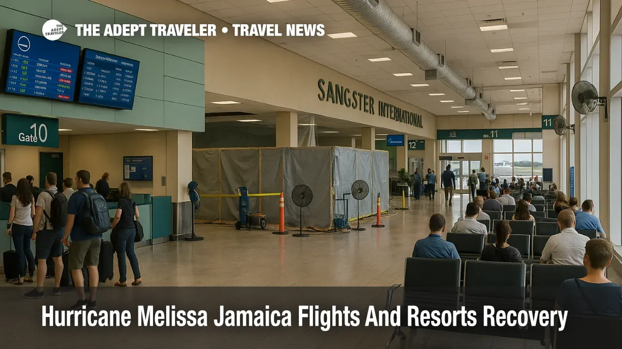 Travelers queue in Sangster International Airport during Jamaica Hurricane Melissa travel recovery as some gates remain closed behind repair barriers
