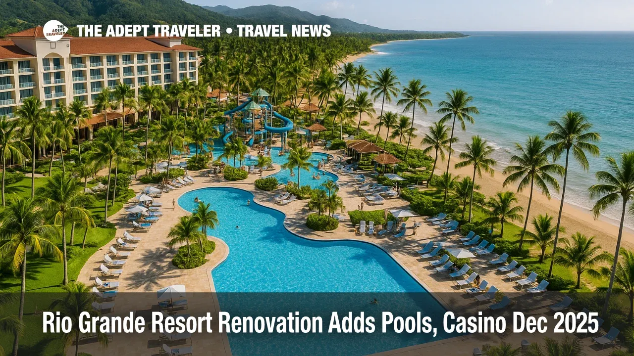 Aerial view of Rio Grande resort renovation at Wyndham Grand Rio Mar showing new pools, beach, and rainforest backdrop for Puerto Rico travelers