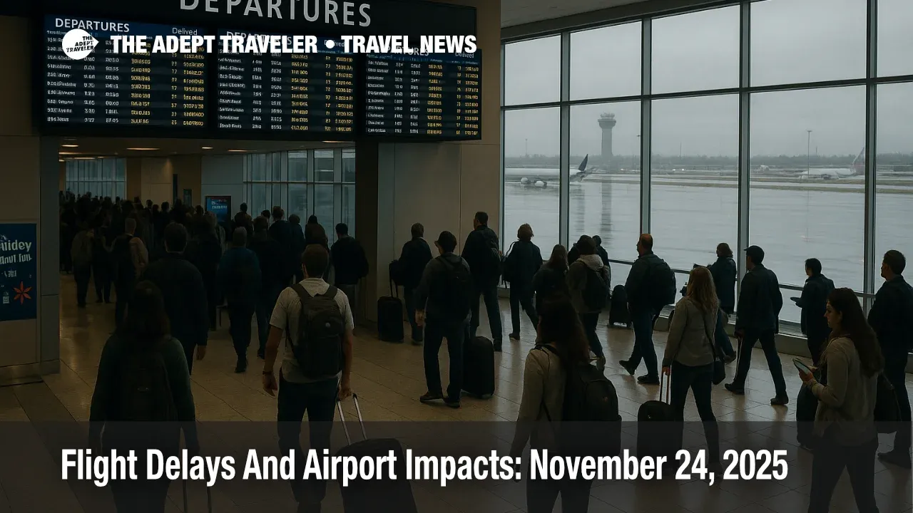 Travelers watch departure boards showing US airport delays November 24 2025 at Dallas Fort Worth International Airport as storms and low clouds disrupt flights.
