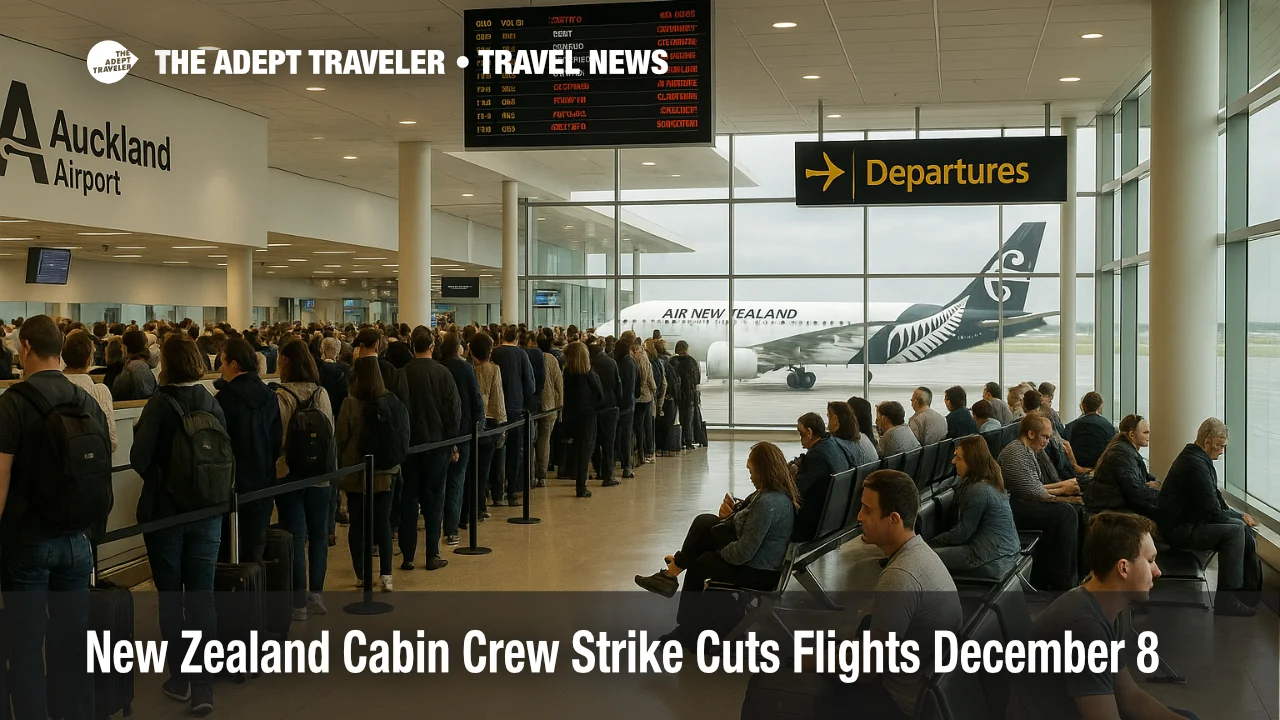 Air New Zealand cabin crew strike disrupts flights at Auckland Airport, with travelers waiting in queues at gates.