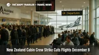 Air New Zealand cabin crew strike disrupts flights at Auckland Airport, with travelers waiting in queues at gates.