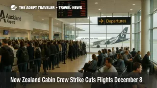 Air New Zealand cabin crew strike disrupts flights at Auckland Airport, with travelers waiting in queues at gates.