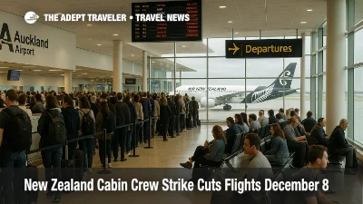 Air New Zealand cabin crew strike disrupts flights at Auckland Airport, with travelers waiting in queues at gates.