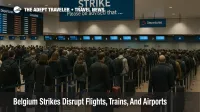 Travelers queue at Brussels Airport during the Belgium November 24 26 strikes flights and trains disruption with many departures canceled.