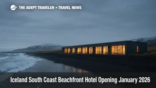 Iceland south coast beachfront hotel opening January 2026, low building beside black sand beach and surf under cloudy sky.