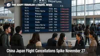 Passengers watch a Shanghai Pudong departures board filled with China Japan flight cancellations as routes to Kansai and other Japanese cities are scrubbed.