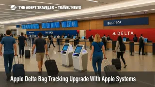 Travelers check luggage at Atlanta airport bag drop as the Delta Apple AirTag baggage tracking system supports faster recovery of delayed bags
