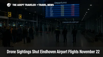 Travelers queue in the Eindhoven Airport departures hall during a drone sightings shutdown that has delayed evening flights across the terminal