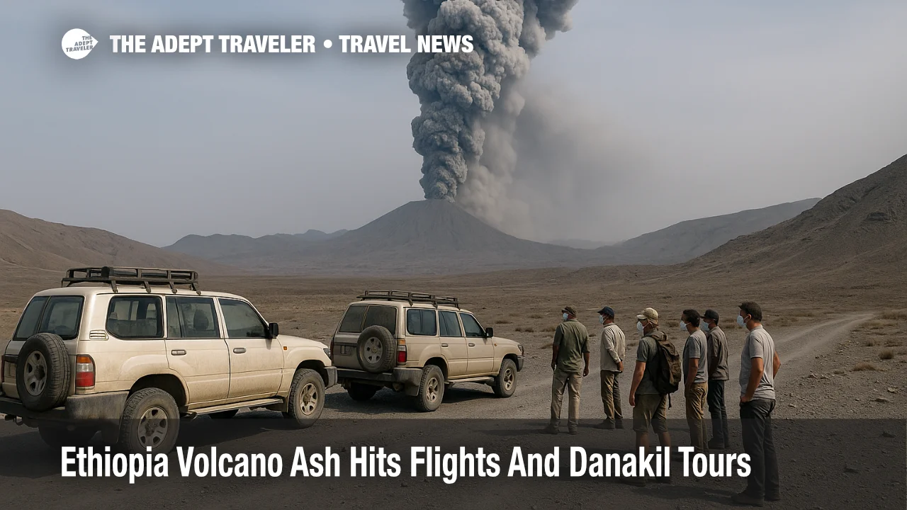 Travelers watch a dense ash plume from Hayli Gubbi over the Danakil Depression as Ethiopia volcano ash flights risk rises.