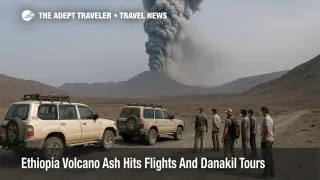 Travelers watch a dense ash plume from Hayli Gubbi over the Danakil Depression as Ethiopia volcano ash flights risk rises.