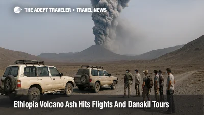Travelers watch a dense ash plume from Hayli Gubbi over the Danakil Depression as Ethiopia volcano ash flights risk rises.
