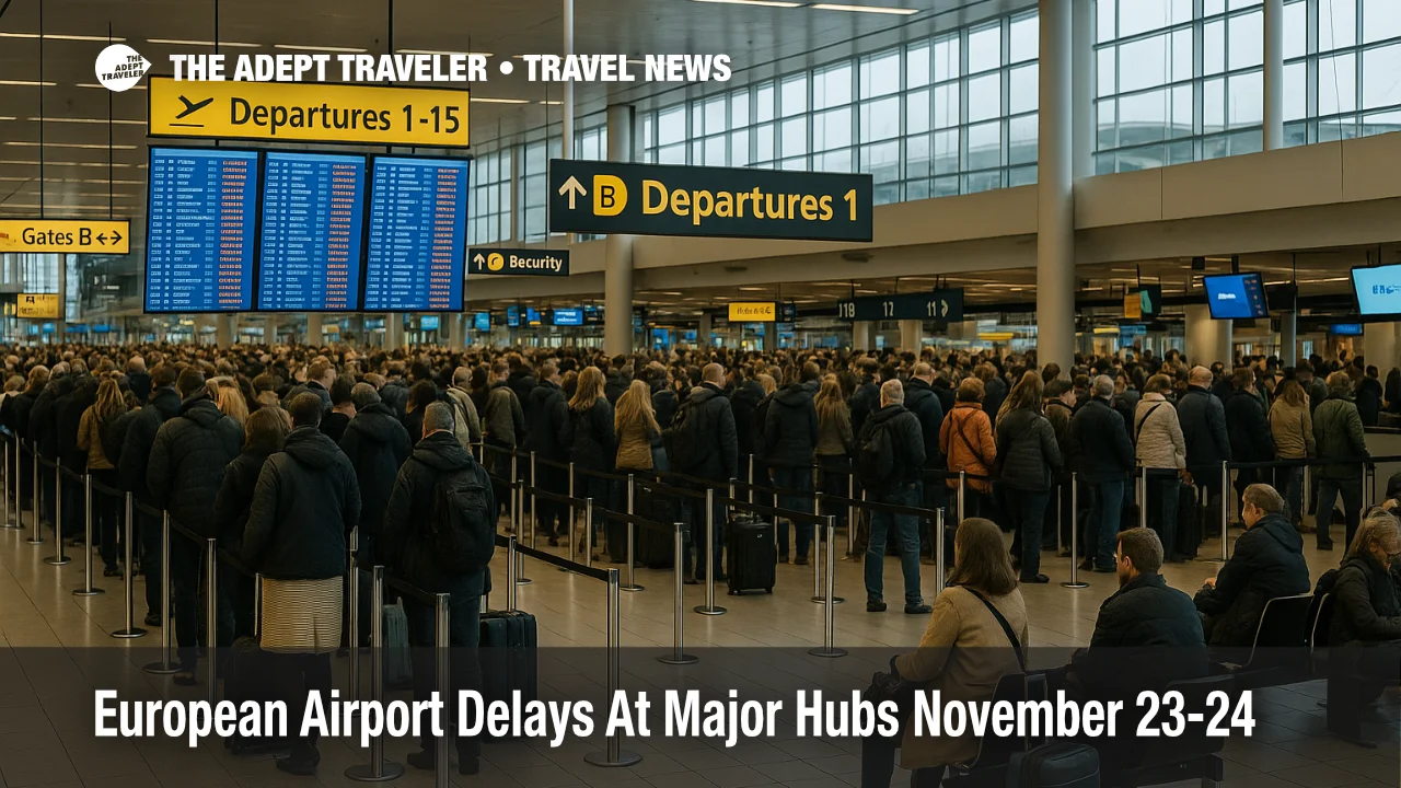 European airport delays November 24 in a crowded departures hall, with travelers queuing at check in under delay boards