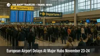 European airport delays November 24 in a crowded departures hall, with travelers queuing at check in under delay boards
