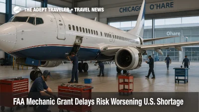 Mechanics work on a jet in a Chicago O Hare hangar, illustrating FAA mechanic grant delays and the U.S. aircraft maintenance workforce shortage