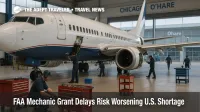 Mechanics work on a jet in a Chicago O Hare hangar, illustrating FAA mechanic grant delays and the U.S. aircraft maintenance workforce shortage