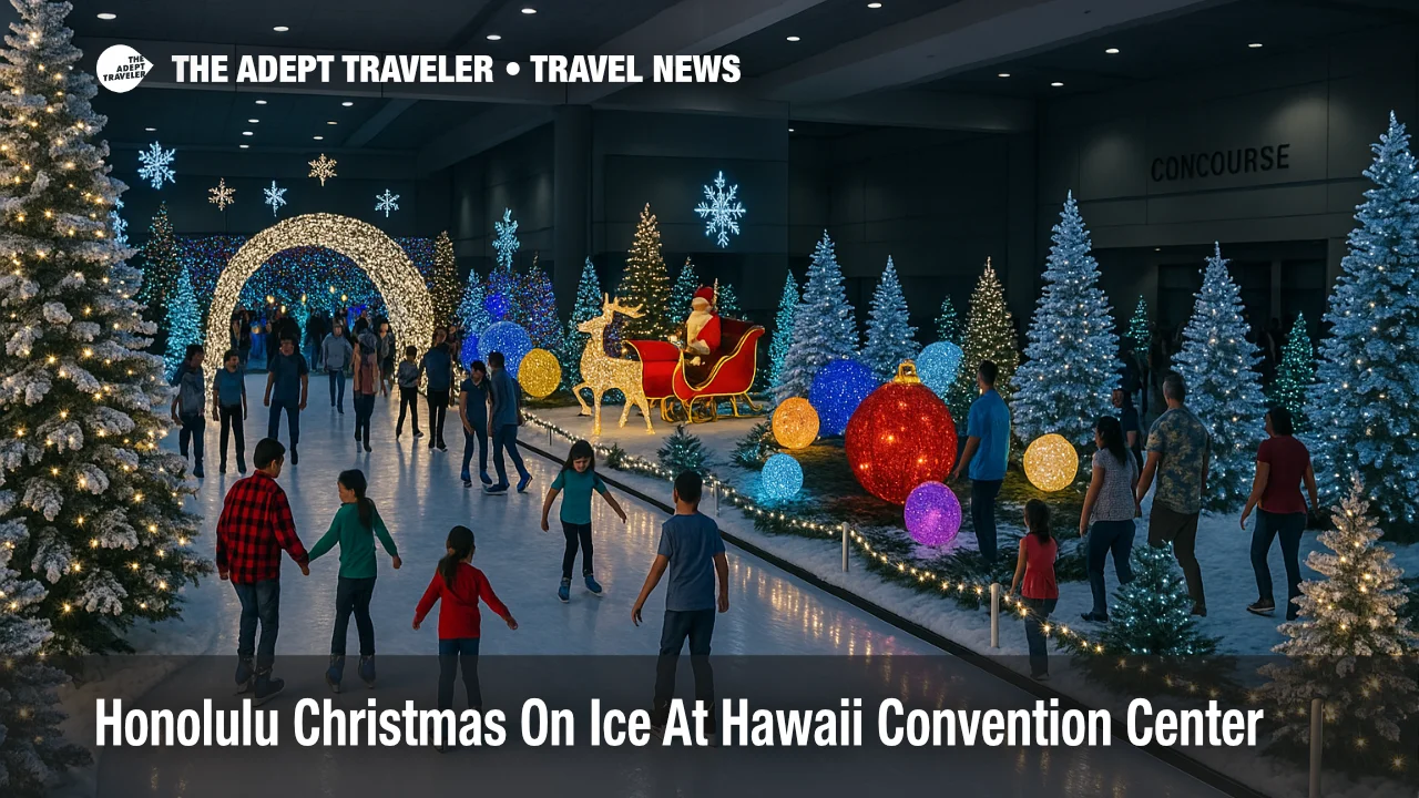 Families skate under holiday lights at the Honolulu Christmas on ice event in the Hawaii Convention Center exhibit hall