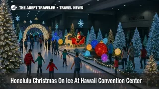 Families skate under holiday lights at the Honolulu Christmas on ice event in the Hawaii Convention Center exhibit hall