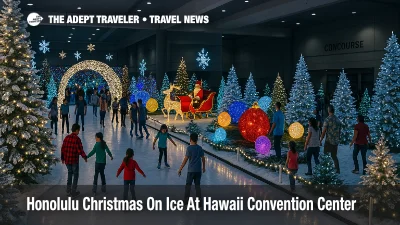 Families skate under holiday lights at the Honolulu Christmas on ice event in the Hawaii Convention Center exhibit hall