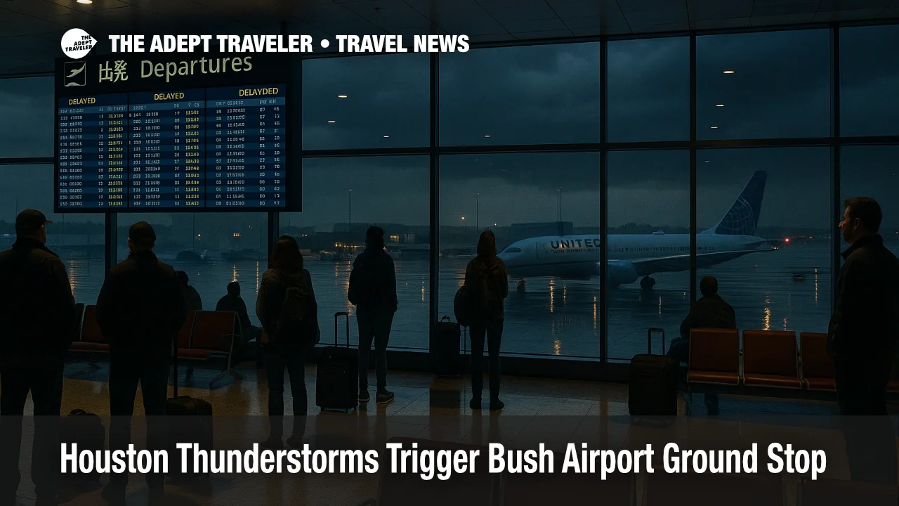Passengers wait at George Bush Intercontinental as the Houston Bush Airport ground stop delays departures and connections.