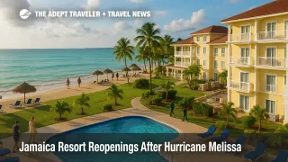 Guests and staff at a Negril beach resort as Jamaica resort reopenings continue after Hurricane Melissa, with visible repair work and open amenities