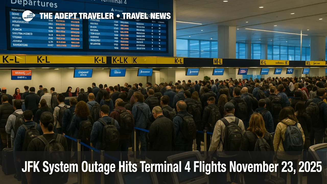 Travelers queue at JFK Terminal 4 check in as a system outage slows flights and causes delays before Thanksgiving travel.