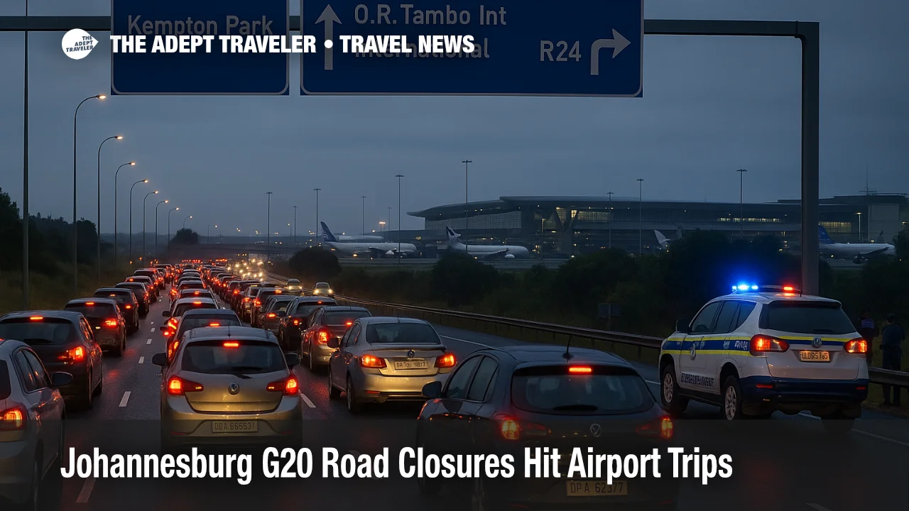 Cars queue on the R21 near O R Tambo as Johannesburg G20 road closures slow airport access during summit departure traffic