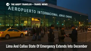 Police and soldiers check travelers near Jorge Chávez Airport during the extended Lima Callao state of emergency, adding time to December departures