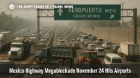 Cars and buses crawl toward Mexico City during the Mexico highway blockade November 24 as trucks block lanes at a toll.