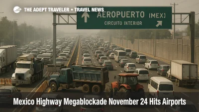 Cars and buses crawl toward Mexico City during the Mexico highway blockade November 24 as trucks block lanes at a toll.