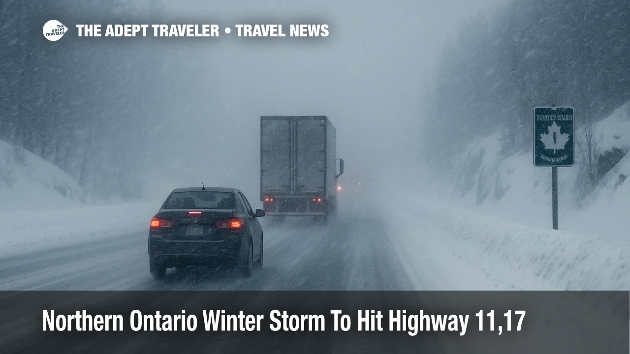 Cars and trucks crawl through heavy snow on Highway 11 during a Northern Ontario winter storm that disrupts Trans Canada travel between key towns