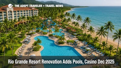 Aerial view of Rio Grande resort renovation at Wyndham Grand Rio Mar showing new pools, beach, and rainforest backdrop for Puerto Rico travelers
