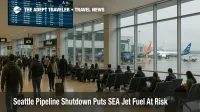 Travelers watch a departures board inside Seattle Tacoma airport as a Seattle pipeline SEA jet fuel constraint quietly raises delay risks at the gates