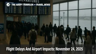 Travelers watch departure boards showing US airport delays November 24 2025 at Dallas Fort Worth International Airport as storms and low clouds disrupt flights.