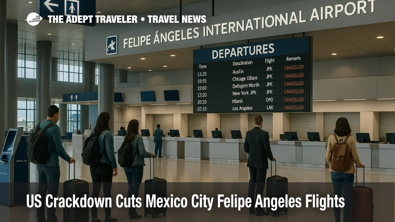 Travelers at Felipe Angeles Airport queue at check in after the US Mexico City Felipe Angeles flights ban cuts nonstop choices.