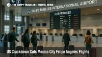 Travelers at Felipe Angeles Airport queue at check in after the US Mexico City Felipe Angeles flights ban cuts nonstop choices.