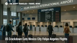 Travelers at Felipe Angeles Airport queue at check in after the US Mexico City Felipe Angeles flights ban cuts nonstop choices.