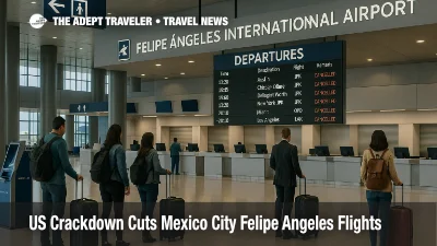 Travelers at Felipe Angeles Airport queue at check in after the US Mexico City Felipe Angeles flights ban cuts nonstop choices.