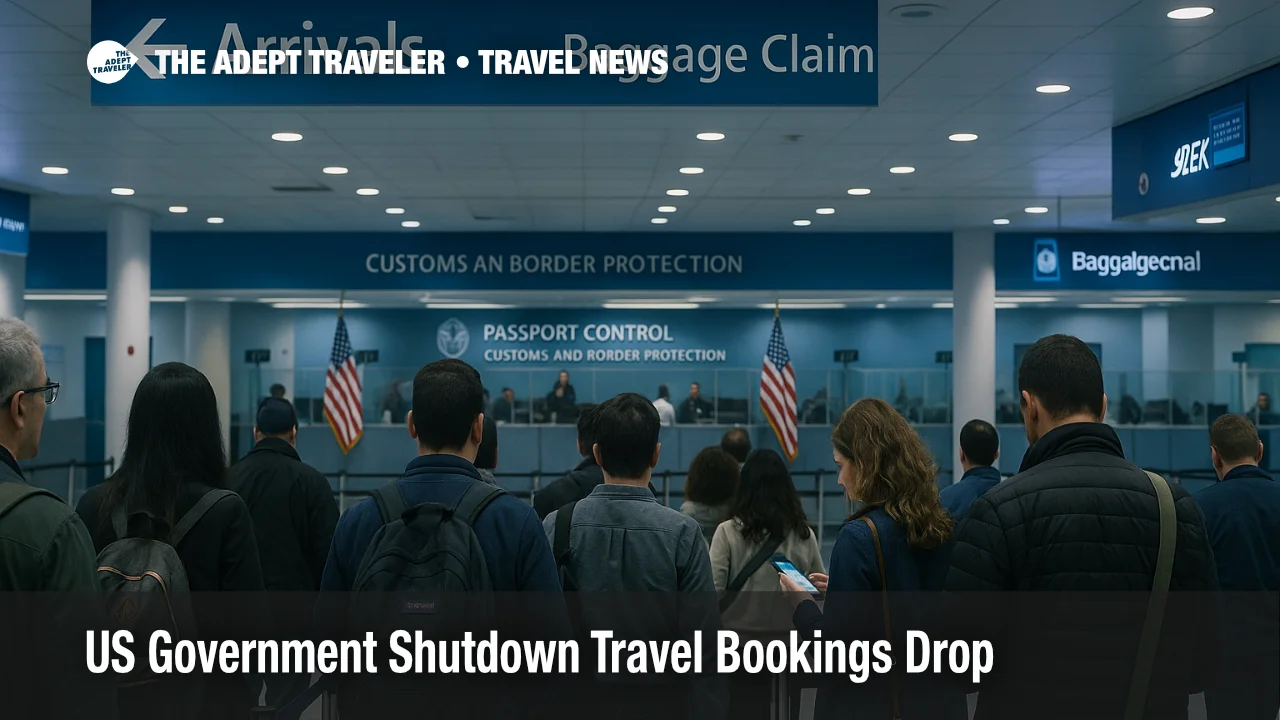Travelers queue at JFK passport control as US government shutdown travel bookings drop and inbound visitors face higher fees and tougher border perceptions