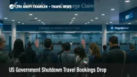 Travelers queue at JFK passport control as US government shutdown travel bookings drop and inbound visitors face higher fees and tougher border perceptions
