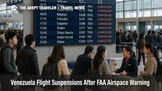 Travelers check departures screens in Simón Bolívar International Airport during Venezuela flight suspensions after FAA warning, with many quiet check in counters visible