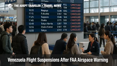Travelers check departures screens in Simón Bolívar International Airport during Venezuela flight suspensions after FAA warning, with many quiet check in counters visible