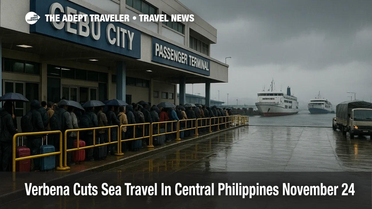 Stranded travelers wait outside the Cebu ferry terminal as Verbena sea travel Philippines suspensions halt departures in rainy conditions across the central islands