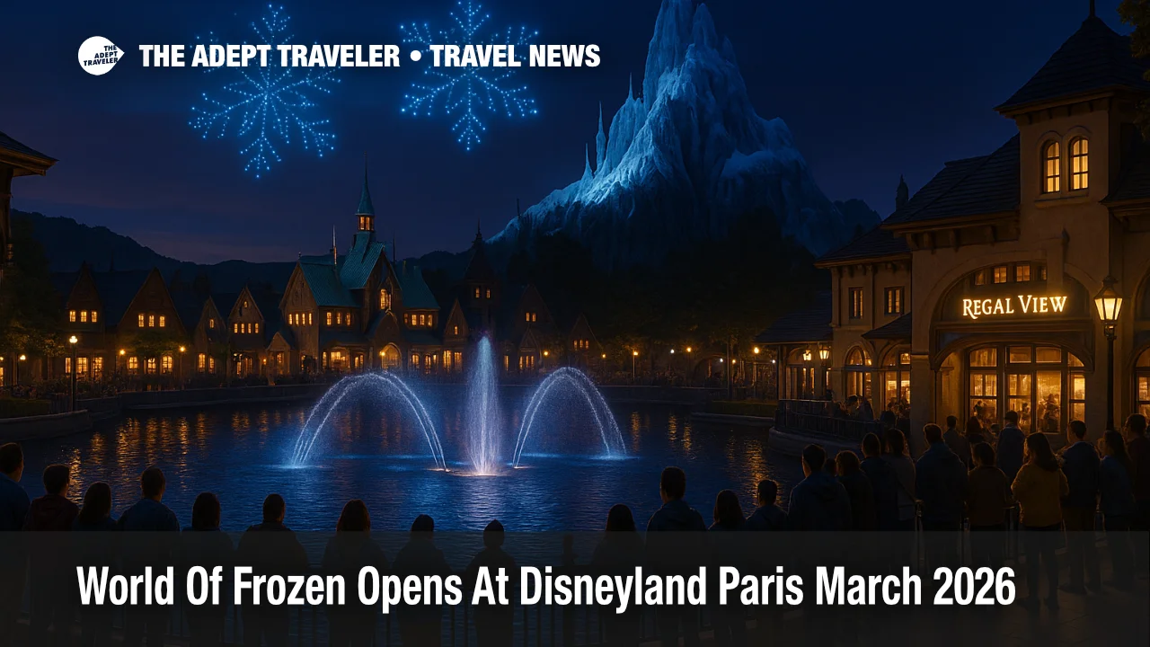 Guests watch Disney Cascade of Lights over Adventure Bay as the World of Frozen Disneyland Paris opening draws evening crowds to Disney Adventure World