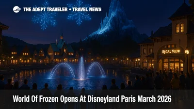 Guests watch Disney Cascade of Lights over Adventure Bay as the World of Frozen Disneyland Paris opening draws evening crowds to Disney Adventure World