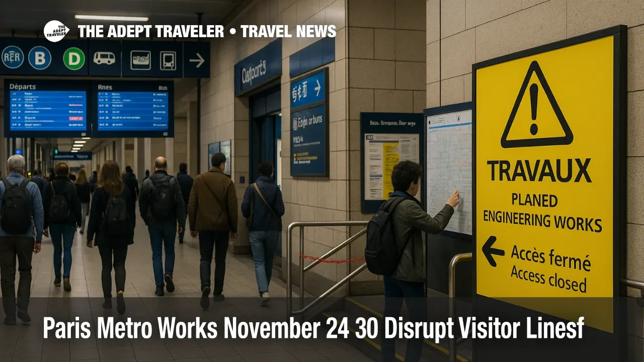 Travelers walk past works signage in a Paris RER hall as Paris metro works November 2025 disrupt key visitor routes.