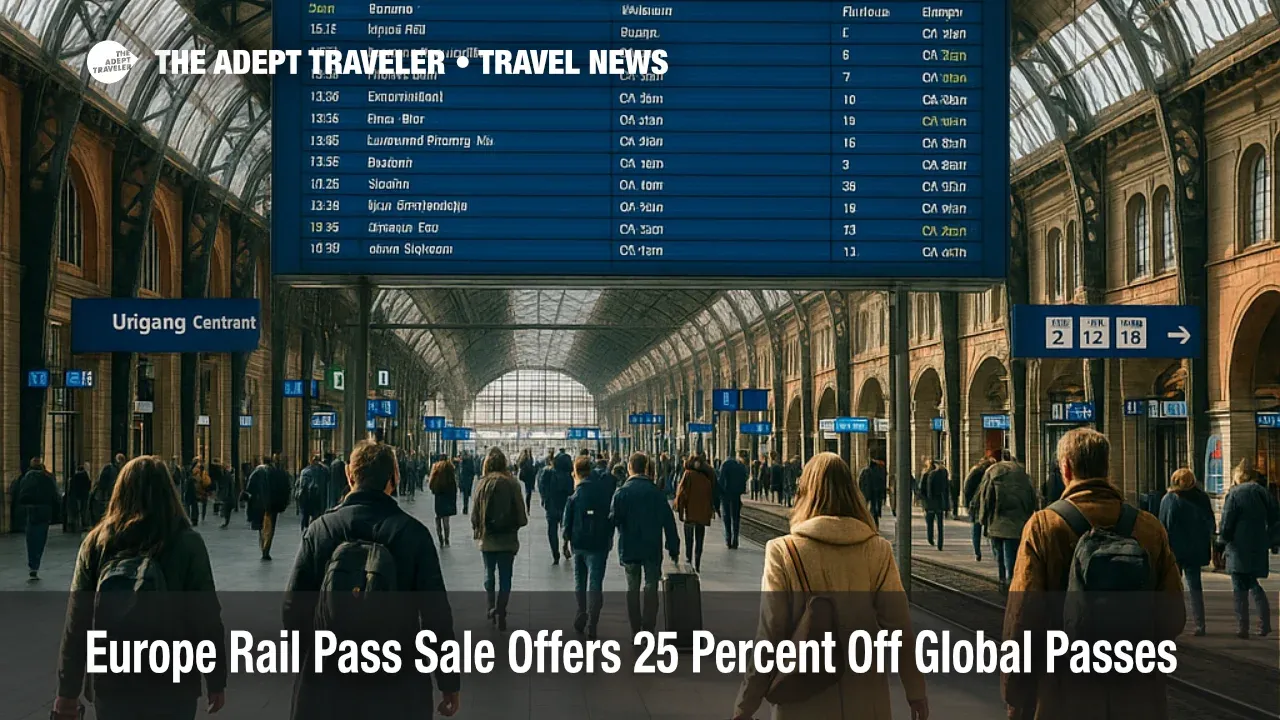 Travelers walk under a departures board at Amsterdam Centraal during a Europe rail pass sale, planning Eurail and Interrail journeys across multiple countries