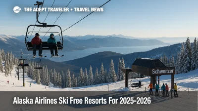 Skiers on a Schweitzer chairlift in Idaho enjoy an Alaska Airlines ski free resort boarding pass perk on a bright winter day.